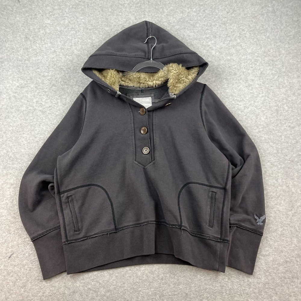 Vintage Y2K American Eagle Hoodie‎ Womens XXL Faux Fur Hood Crop Sweatshirt Swan